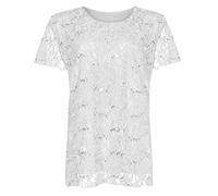RIDDLED WITH STYLE Women’s Lace Sequin Lined T-Shirt Ladies Elegant Floral Pattern Blouse Top Stylish Short Sleeve Casual Party Wear, Comfortable Lined Design Shirt UK Plus Sizes 12-26 White