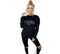 RIDDLED WITH STYLE Women’s Long Sleeve Slogan Print Fleece Pullover Top Jumper Ladies Long Sleeve J'Adore Paris Slogan Print Baggy Oversized Lightweight Sweatshirt (Black, 16-18)