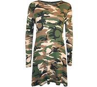 RIDDLED WITH STYLE Women’s Party Dresses UK Long Sleeve Midi Skater Swing Dress, Plain & Printed A-Line Flared Round Neck Jersey Tee Style, from 8-26 Camouflage
