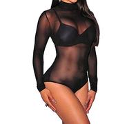 RIDDLED WITH STYLE Women’s Plus Size Sheer Mesh Polo High Neck Bodysuit Ladies Long Sleeve Leotard Sexy Top Casual Wear Fancy Party Sheer Mesh Top Fashionable Bodysuit Size UK 8-26