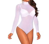 RIDDLED WITH STYLE Women’s Plus Size Sheer Mesh Polo High Neck Bodysuit Ladies Long Sleeve Leotard Sexy Top Casual Wear Fancy Party Sheer Mesh Top Fashionable Bodysuit Size UK 8-26