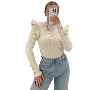RIDDLED WITH STYLE Women’s Ribbed Knitted Frill Moch Neck OL Work Slim Pullover Plus Size Jumper Ladies Knitted Gold Buttons Frill Puff Long Sleeve Shirt Tops (Beige, UK S/M)