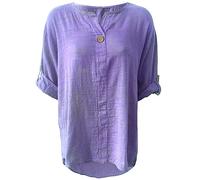 Women's Plain 3/4 Turn Up Sleeve Italian Button Blouse Dip Hem Top Ladies Round Neck One Button Midi Shirt Summer Fashion Lagenlook Hi lo T Shirt Baggy Top (Lilac, UK 16)