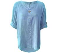 Women's Plain 3/4 Turn Up Sleeve Italian Button Blouse Dip Hem Top Ladies Round Neck One Button Midi Shirt Summer Fashion Lagenlook Hi lo T Shirt Baggy Top (Sky Blue, UK 8)