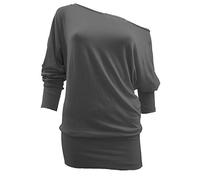 RIDDLED WITH STYLE Women's Batwing Long Sleeve Off Shoulder Top Baggy Shirt Jumper Ladies Plain Batwing Top Casual Winter Wear Loose Off Shoulder Neck Fit Fancy Party Jumper Top UK 8 to 26 Dark Grey