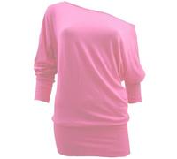 RIDDLED WITH STYLE Women's Batwing Long Sleeve Off Shoulder Top Baggy Shirt Jumper Ladies Plain Winter Wear Loose Off Shoulder Neck Fit Casual Jumper Tops (Baby Pink, UK 12-14)