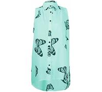 RIDDLED WITH STYLE Womens Butterfly Print Sleeveless Hi Lo Dip Hem Top Plus Size Buttoned Collared Shirt Ladies Summer Fashion Chiffon Blouse Top Mint UK 20