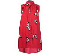 RIDDLED WITH STYLE Womens Butterfly Print Sleeveless Hi Lo Dip Hem Top Plus Size Buttoned Collared Shirt Ladies Summer Fashion Chiffon Blouse Top Red UK 18