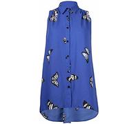 RIDDLED WITH STYLE Womens Butterfly Print Sleeveless Hi Lo Dip Hem Top Plus Size Buttoned Collared Shirt Ladies Summer Fashion Chiffon Blouse Top Royal Blue UK 18