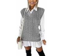 RIDDLED WITH STYLE Womens Cable Knitted Jumper Ladies Sleeveless V Neck Pullover Knitwear Tank Top Sweater Christmas Wear Winter Warm Wear Fancy Party Xmas Cable Knit Jumper Top Plus Size 8-20 Silver