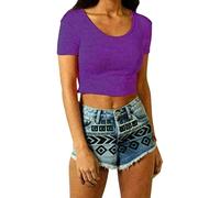 Women’s Cap Sleeve Crop Top Ladies Round Neck Stretch Plain or Printed Vest T-Shirt Soft, Comfortable & Stylish Fitted Design Premium Quality Everyday Wear Sizes UK 8-14 Purple