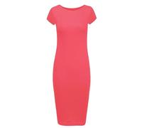 RIDDLED WITH STYLE Womens Cap Sleeve Scoop Neck Midi Dress Printed Plain Outfit Ladies Summer Wear Stretchy Bodycon Dress Coral UK 24-26