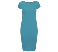 RIDDLED WITH STYLE Womens Cap Sleeve Scoop Neck Midi Dress Printed Plain Outfit Ladies Summer Wear Stretchy Bodycon Dress Teal UK 8-10