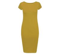 RIDDLED WITH STYLE Womens Cap Sleeve Scoop Neck Midi Dress Printed Plain Outfit Ladies Summer Wear Stretchy Bodycon Dress Mustard UK 12-14