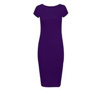 RIDDLED WITH STYLE Womens Cap Sleeve Scoop Neck Midi Dress Printed Plain Outfit Ladies Summer Wear Stretchy Bodycon Dress Purple UK 16-18