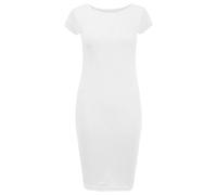 RIDDLED WITH STYLE Womens Cap Sleeve Scoop Neck Midi Dress Printed Plain Outfit Ladies Summer Wear Stretchy Bodycon Dress White UK 24-26