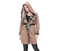 RIDDLED WITH STYLE Womens Check Print Belted Coat Faux Wool Italian Hooded Blazer Ladies Winter Fashion Long Sleeve Sweater Checkered Panel Jacket Outdoor Wear Winter Coats (Camel UK 12)