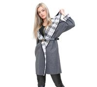 RIDDLED WITH STYLE Womens Check Print Belted Coat Faux Wool Italian Hooded Blazer Ladies Winter Fashion Long Sleeve Sweater Checkered Panel Jacket Outdoor Wear Winter Coats (Charcoal UK 12)