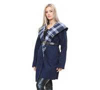 RIDDLED WITH STYLE Womens Check Print Belted Coat Faux Wool Italian Hooded Blazer Ladies Winter Fashion Long Sleeve Sweater Checkered Panel Jacket Outdoor Wear Winter Coats (Navy UK 12)
