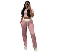 RIDDLED WITH STYLE Womens Contrast Trim 2 Pcs Suit Summer Fashion Co Ord Set Ladies Outdoor Sports Wear Short Sleeve Crew Neck Crop Top and Trousers Set Lounge Wear Tracksuit Baby Pink UK 8