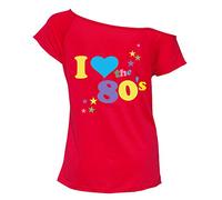 RIDDLED WITH STYLE Women's I Love 80s-90s Slogan Smiley Face Print Slash Neck T-Shirt Pop Star Top Fancy Lightweight Dress Ladies The 80s Cap Sleeve Outfit Sizes from UK 8-26 Red