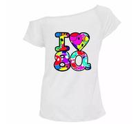 RIDDLED WITH STYLE Women's I Love 80s-90s Slogan Smiley Face Print Slash Neck T-Shirt Pop Star Top Fancy Lightweight Dress Ladies The 80s Cap Sleeve Outfit Sizes from UK 8-26 White
