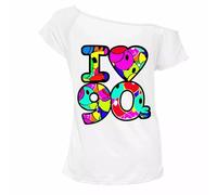 RIDDLED WITH STYLE Womens I Love The 80s Print T-Shirt Top Ladies Slogan Cap Sleeve Slash Neck I Love 90s Slogan Slash Neck T-Shirt Pop Star Top Fancy Lightweight Tee Top UK 8-26