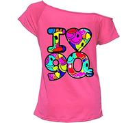 RIDDLED WITH STYLE Womens I Love The 80s Print T-Shirt Top Ladies Slogan Cap Sleeve Slash Neck I Love 90s Slogan Slash Neck T-Shirt Pop Star Top Fancy Lightweight Tee Top UK 8-26