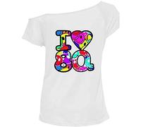 RIDDLED WITH STYLE Women's I Love The 80s Slogan Cap Sleeve Slash Neck T-Shirt Outfit Ladies I Love 90s Slogan Slash Neck T-Shirt Pop Star Top Fancy Lightweight Dress (White Smily I Love 80s, 8-10)