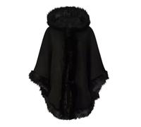 RIDDLED WITH STYLE Womens Italian Hooded Cape Poncho Faux Fur Trim Cardigan Ladies Long Sleeves Open Front Poncho Casual Wear Winter Wear Wrap Coat Open Front Top Jumper UK Sizes 8-22.