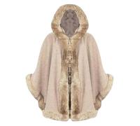 RIDDLED WITH STYLE Womens Italian Hooded Cape Poncho Faux Fur Trim Cardigan Ladies Long Sleeves Open Front Poncho Casual Wear Winter Wear Wrap Coat Open Front Top Jumper UK Sizes 8-22.