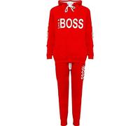 RIDDLED WITH STYLE Womens Like A BOSS Slogan Tracksuit Plus Size Hooded Top and Bottom Set Ladies Winter Warm 2 Pcs Jogging Suit Red UK 26-28