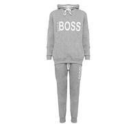 RIDDLED WITH STYLE Womens Like A BOSS Slogan Tracksuit Plus Size Hooded Top and Bottom Set Ladies Winter Warm 2 Pcs Jogging Suit Grey UK 26-28