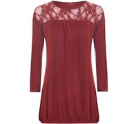 RIDDLED WITH STYLE Womens Plus Size Floral Lace Round Neck Top Ladies 3/4 Sleeve Pleated Tunic Summer Wear Lace Front Shirt Wine UK 20