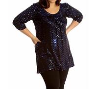 RIDDLED WITH STYLE Womens Sparkling Sequin Top Plus Size ¾ Sleeve Scoop Tunic Shirt Ladies Christmas Dinner Glittery Blouse Top Blue UK 14