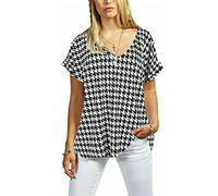 RIDDLED WITH STYLE Womens Turn Up Short Sleeve V Neck Top Printed Plain Shirt Ladies Summer Wear Relax Fit Tunic Top Dogtooth UK 24-26
