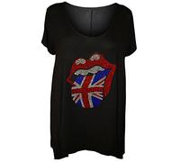 RIDDLED WITH STYLE Womens Union Jack Diamante Hanky Hem Top Dress Ladies Summer Fashion Plus Size Long Tunic Shirt Black UK 18