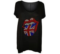 RIDDLED WITH STYLE Womens Union Jack Diamante Hanky Hem Top Dress Ladies Summer Fashion Plus Size Long Tunic Shirt Black UK 14