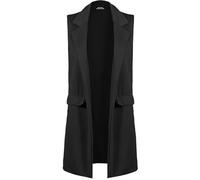 Womens Sleeveless Pocket Long Waistcoat Ladies Celeb Open Style Crepe Jacket Top#(Black Sleeveless Pocket Long Crepe Waistcoat#UK 16-18#Womens)