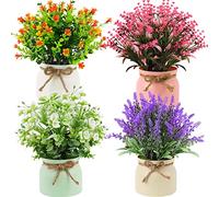 RIDDSEE Artificial Flowers 4Pcs Potted Plants Decorative Faux Lavender With Plastic Pot for Home Window Sill Kitchen Office Desk Table Decor -(Medium,25cm)