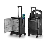Ride On Luggage with Foldable Seat for Kids&Adults with Seat Belt,Hardshell Ride On Suitcase with Front Pocket,Lockable 4-Spinner Wheels,USB Port,TSA Lock,20 inch, Black, M, Luggage With Seat