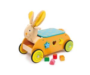 RIDE-ON SOLID WOOD DEXTERITY "RABBIT" CART WITH SHAPE SORTER BRICKS.
