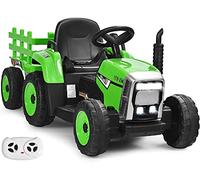 Ride on Tractor and Trailer, 12V Battery Powered Electric Kids Toy Car with LED Lights, USB & Bluetooth Music, Four Wheels Ride on Toys for Children Ages 3+(Green)