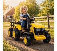 Ride on Tractor with Detachable Trailer, 12v Kid‘s Electric Vehicles with MP3 Function, 7-LED Headlight, Remote Control, Ride on Car Gifts with EVA Tires, Horn, 2x35W Motors for Kids 3+, Yellow