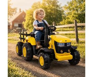 Ride on Tractor with Detachable Trailer, 12v Kid‘s Electric Vehicles with MP3 Function, 7-LED Headlight, Remote Control, Ride on Car Gifts with EVA Tires, Horn, 2x35W Motors for Kids 3+, Yellow
