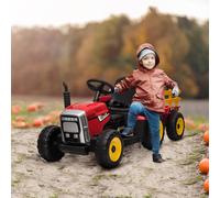 HOMCOM Kids Electric Car, 12V Electric Ride on Tractor and Trailer with Detachable Trailer Remote Control, USB, Horn, Lights, Start-Up Sound, for Ages 3-6 Years, Red