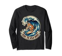 Ride The Wild Wave Surfboard Illustration Tiger Surfing Art Long Sleeve T-Shirt