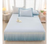 RIDEONMOP Premium Quilted Washable Summer Mattress Pad with 2 Pillow Cases Bedspread Set, Decorative Luxury Bed Coverlet with Lace Skirt, Breathable Naturally Cooling Mattress Topper,Blue A,150*200CM