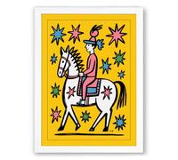 Rider on Starlit Horse Folk Art Framed Wall Art Print A1 (84.1×59.4cm) White, Wall Decor for Living Room, Bedroom, Office & Home, Ready to Hang, Art Gift