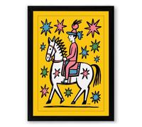 Rider on Starlit Horse Folk Art Framed Wall Art Print A4 (29.7×21cm) Black, Wall Decor for Living Room, Bedroom, Office & Home, Ready to Hang, Art Gift